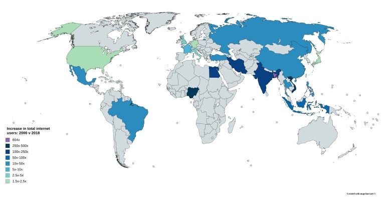 Wzrost liczby użytkowników internetu ogółem: 2000 i 2018