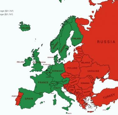 PKB na mieszkańca w krajach europejskich w porównaniu do średniej