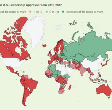 Zmiana akceptacji dla amerykańskiego przywództwa na świecie 2016-2017