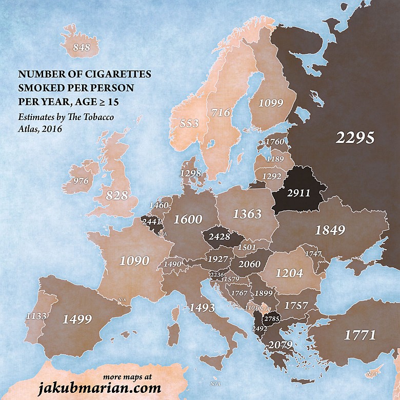 Liczba wypalonych papierosów na osobę rocznie w Europie, 2016