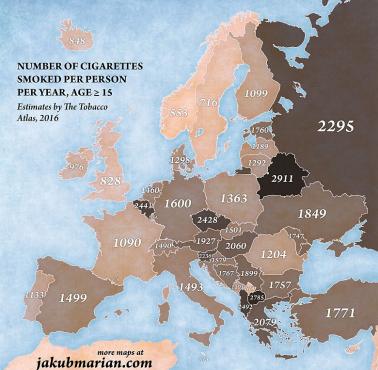Liczba wypalonych papierosów na osobę rocznie w Europie, 2016