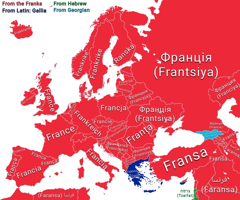 Słowo Francja w różnych europejskich językach