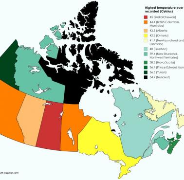 Najwyższa temperatura Celsjusza zarejestrowana kiedykolwiek w kanadyjskich prowincjach i terytoriach