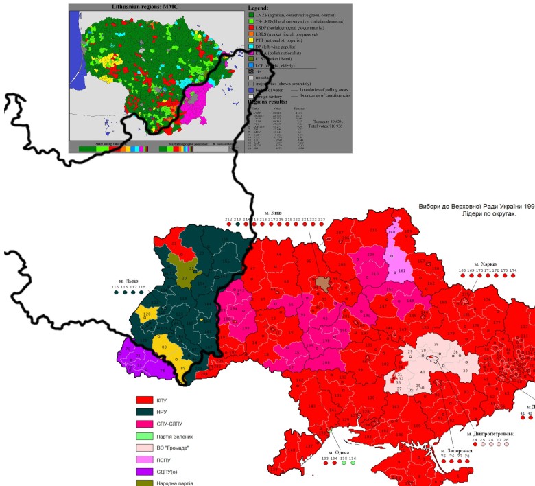 Mapa ta nakłada granicę II Rzeczypospolitej na wyniki wyborów na Ukrainie i Litwie