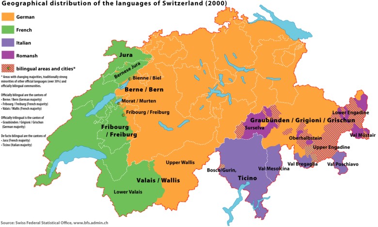 Mapa etniczno językowa Szwajcarii, 2000