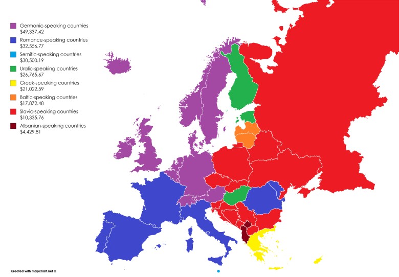 Rodziny języków w Europie według PKB na mieszkańca