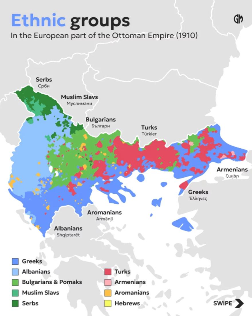 Mapa etniczna europejskiej części Imperium Osmańskiego (Turcji), 1910