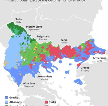 Mapa etniczna europejskiej części Imperium Osmańskiego (Turcji), 1910