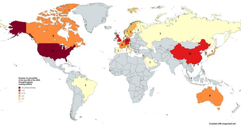 Top200 - Liczba najlepszych uniwersytetów na świecie wg.Academic Ranking of World Universities, 2025