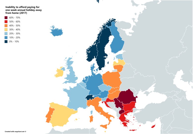 Odsetek ludności, która nie może sobie pozwolić na opłacenie jednego tygodnia urlopu w roku, Europa, 2017