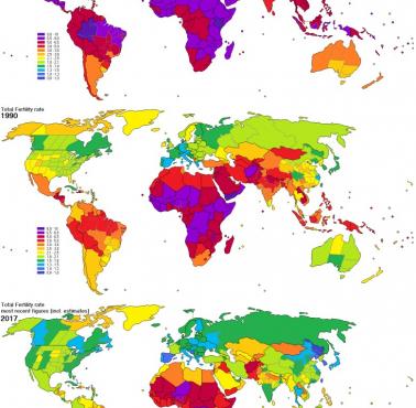 Wskaźnik płodności na świecie - 1970, 1990, 2017