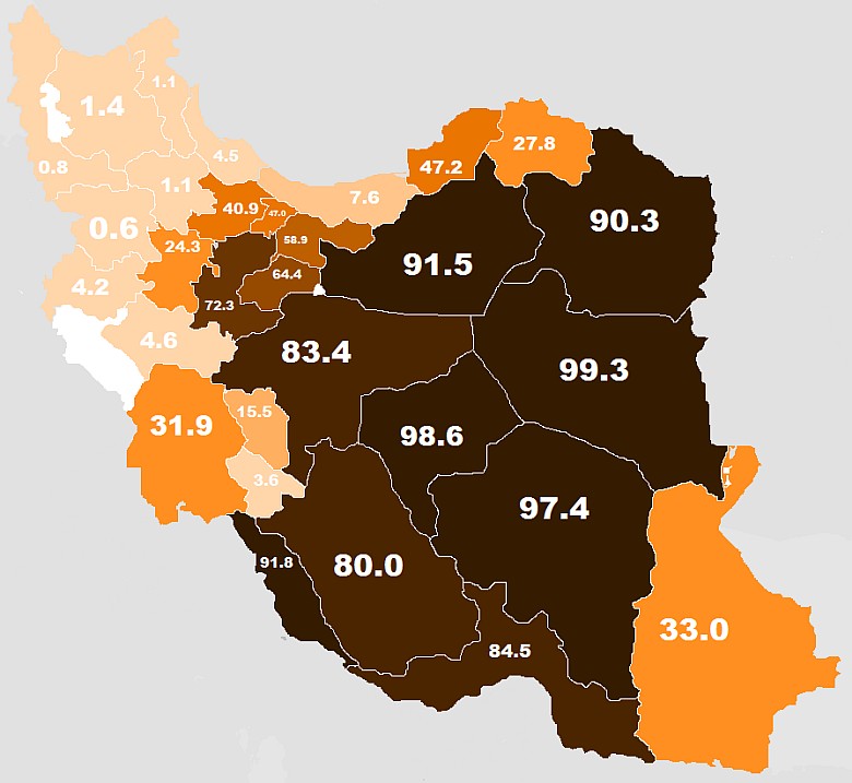 Procenty Persów w prowincjach Iranu