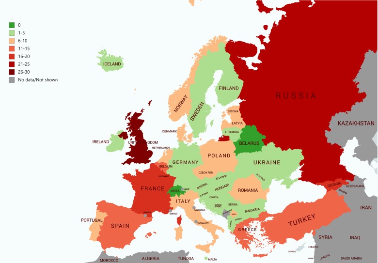 Liczba wojen, w których był zaangażowany kraj z Europy od czasów II wojny