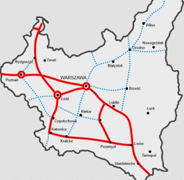 Planowany układ dróg w II RP. Widać wyraźny nacisk na służące interesom polskim połączenia północ-południe