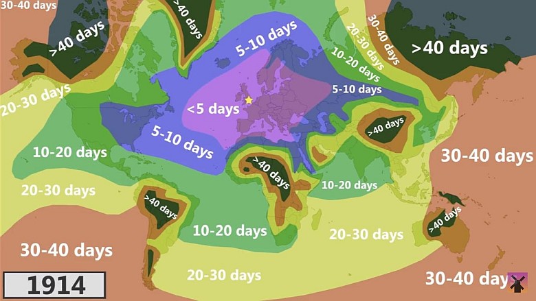 Mapa przedstawiająca czas podróży z Londynu w 1914 roku
