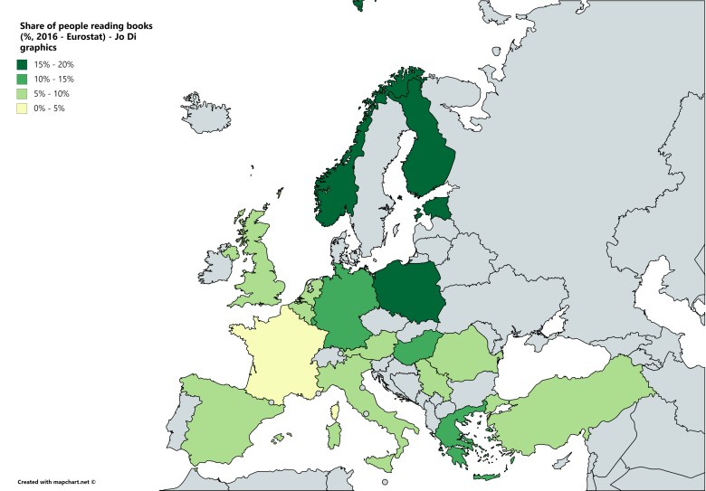 Udział osób czytających książki w Europie, 2016