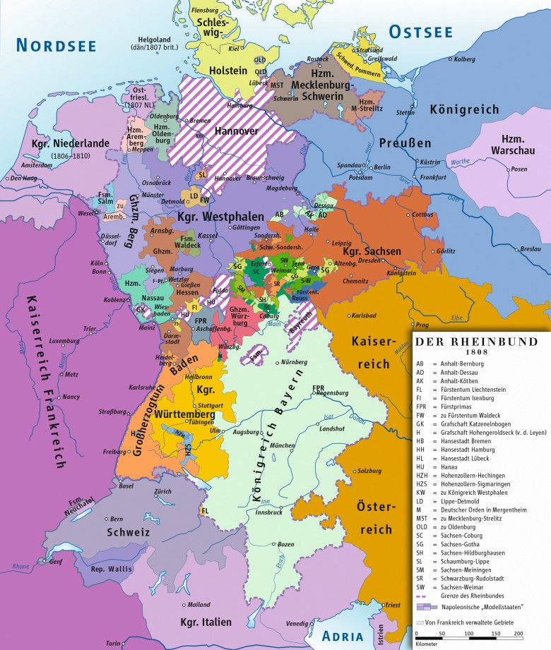 Mapa Europy Środkowej, II Rzeszy w 1808 r.