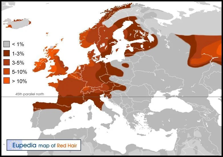 Odsetek osób z rudymi włosami w Europie