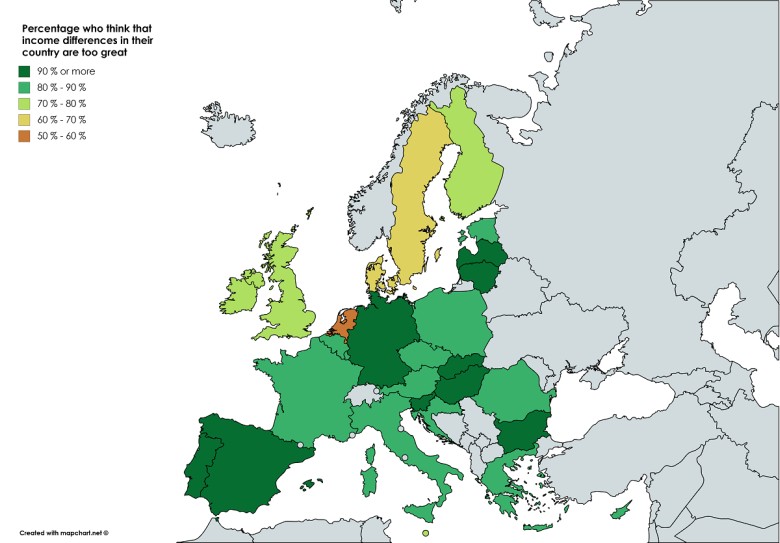 Odsetek osób w krajach UE, które uważają, że różnice w dochodach w ich kraju są zbyt duże
