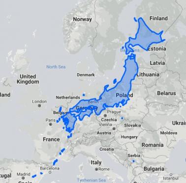 Wyspy japońskie na tle mapy Europy