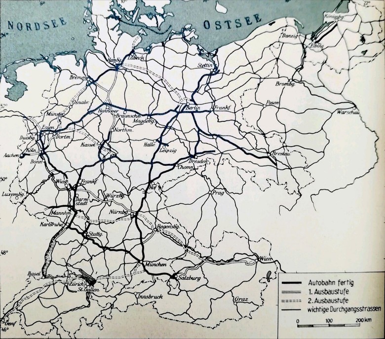 Mapa niemieckiego systemu autostrad z 1955 roku