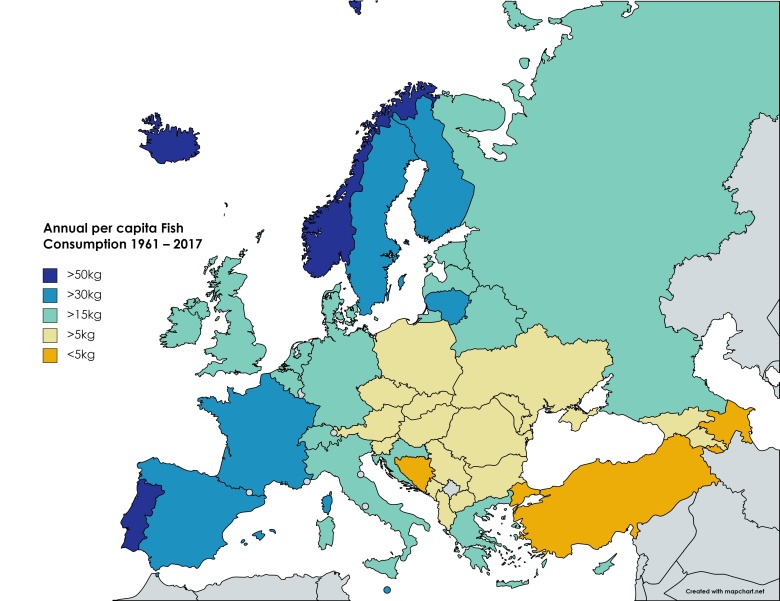 Spożycie ryb w Europie, 1961-2017