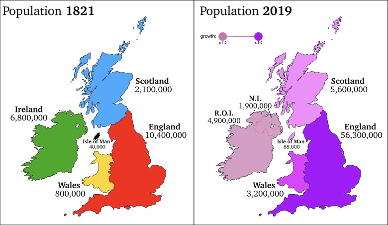 Zmiana populacji Wielkiej Brytanii i Irlandii w ciągu 200 lat, 1821, 2019