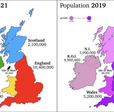 Zmiana populacji Wielkiej Brytanii i Irlandii w ciągu 200 lat, 1821, 2019