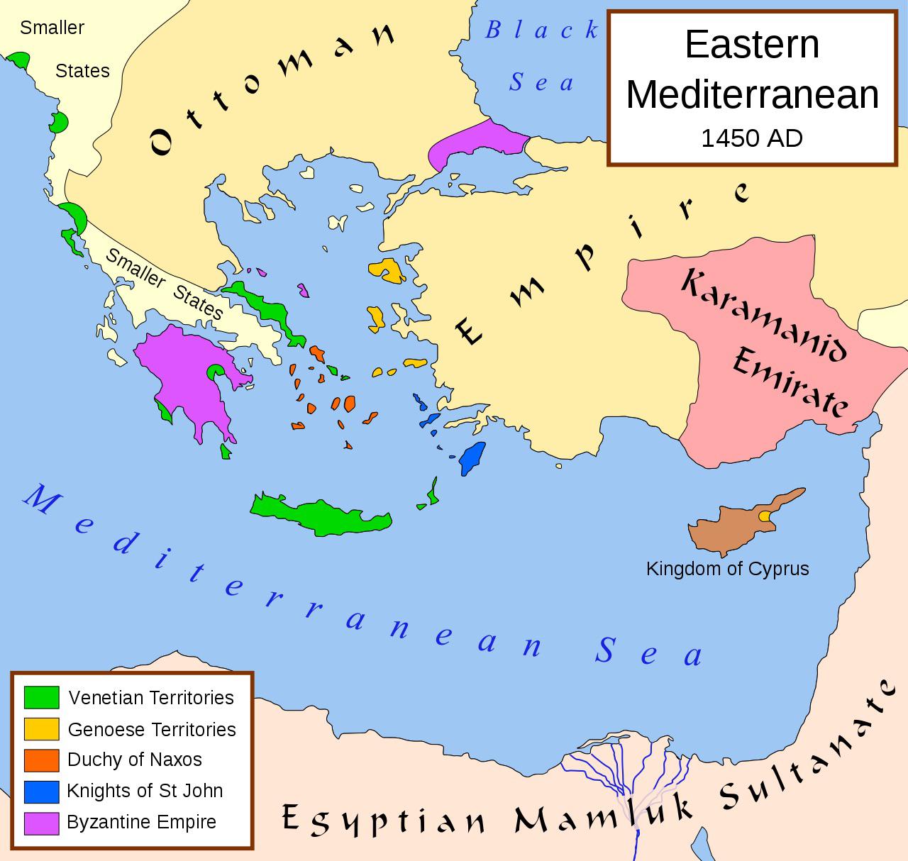 Wschodnia część Morza Śródziemnego w 1450 roku. Mapa Bizancjum (Wschodnie Cesarstwo Rzymskie) przed upadkiem Konstantynopola