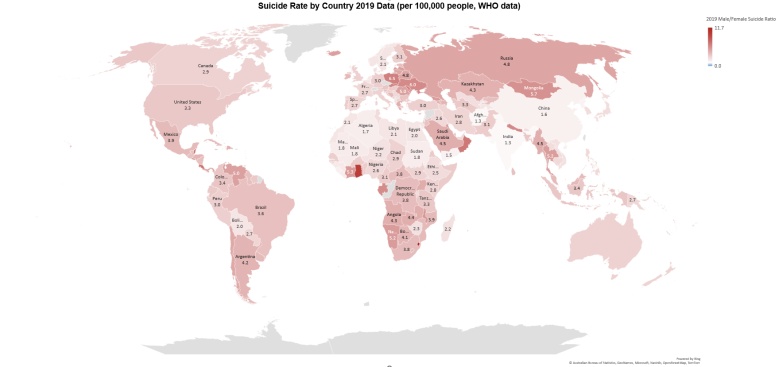 Wskaźniki samobójstw mężczyzn i kobiet na świecie, 2019, dane WHO
