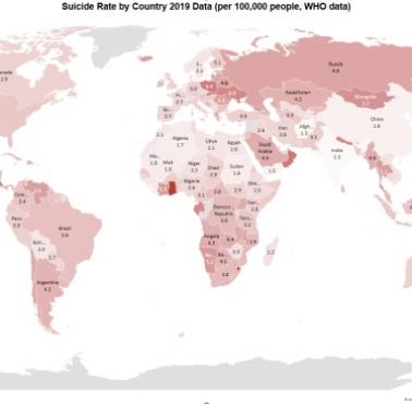 Wskaźniki samobójstw mężczyzn i kobiet na świecie, 2019, dane WHO