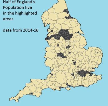 Połowa populacji Anglii żyje w podświetlonym obszarze