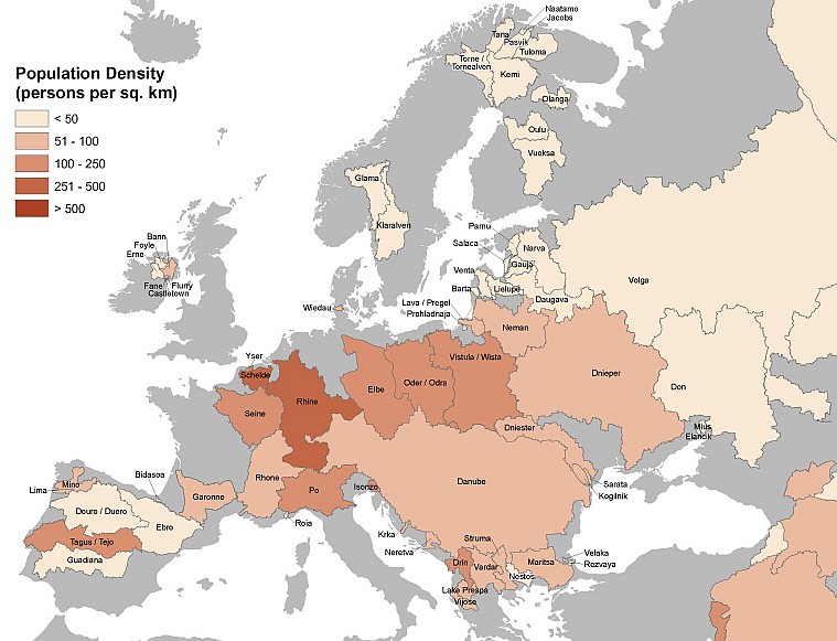 Gęstość zaludnienia w dorzeczu największych rzek w Europie