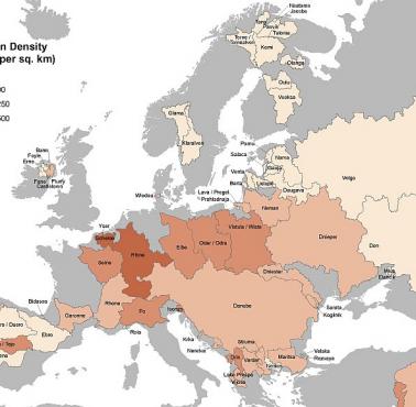 Gęstość zaludnienia w dorzeczu największych rzek w Europie