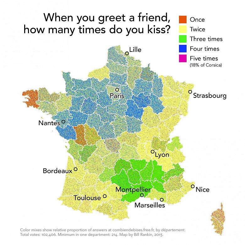 Przyjacielskie pocałunki w poszczególnych regionach Francji