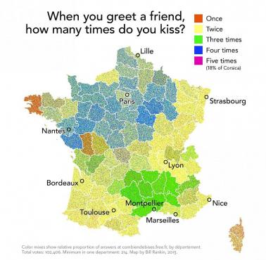 Przyjacielskie pocałunki w poszczególnych regionach Francji