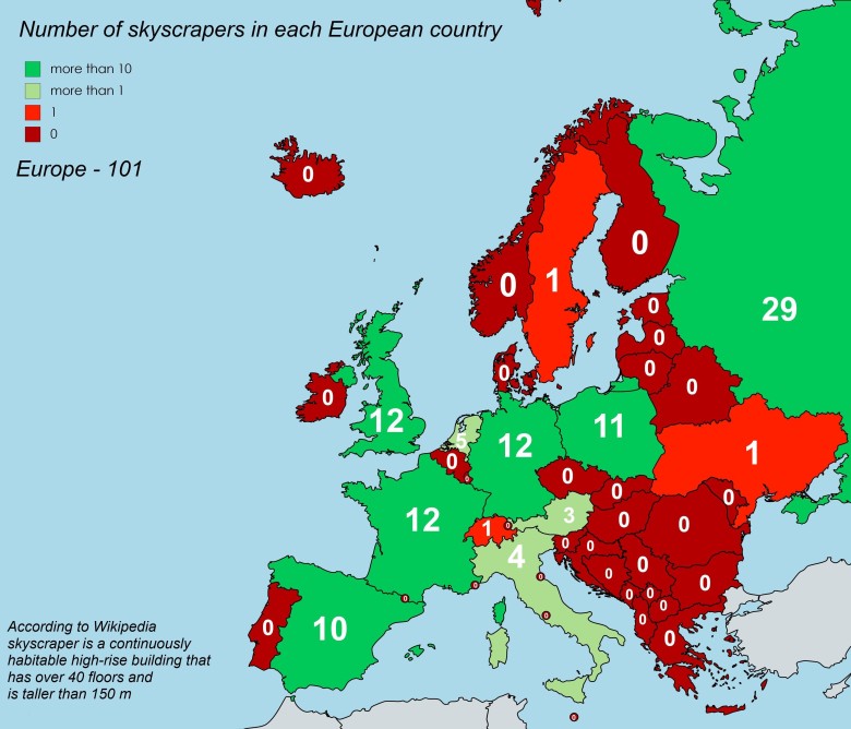 Liczba drapaczy chmur w każdym kraju europejskim (powyżej 150 m)