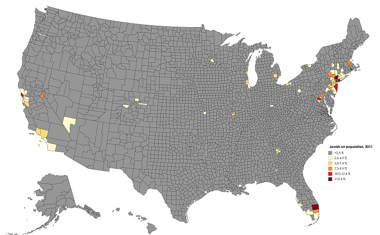 Żydzi w USA z podziałem na hrabstwa, 2011