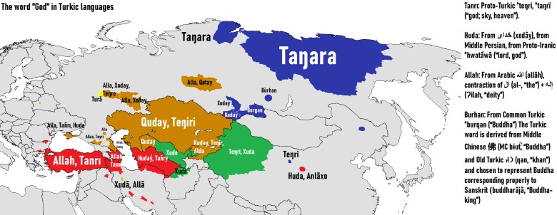 Słowo Bóg we wszystkich w językach turkijskich (tureckich)