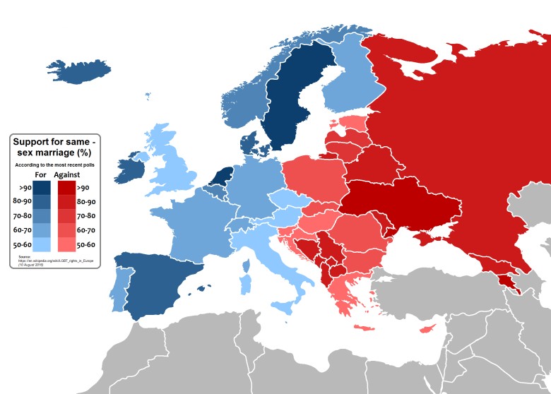 Odsetek osób opowiadających się za małżeństwami osób tej samej płci (ideologia LGBT) w Europie 2016
