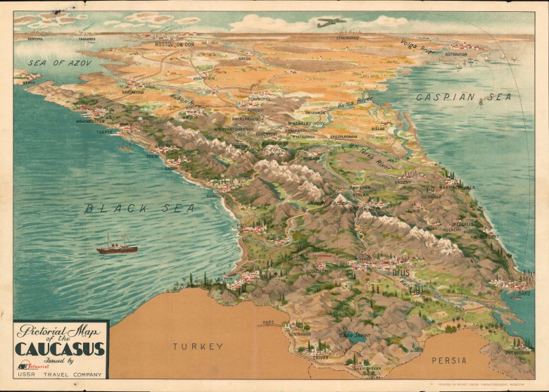 Mapa turystyczna ZSRR z 1930 roku - obszar Morza Czarnego od strony Kaukazu