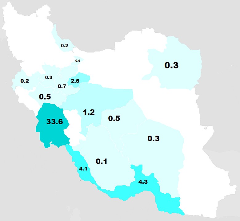 Procent Arabów w poszczególnych prowincjach Iranu