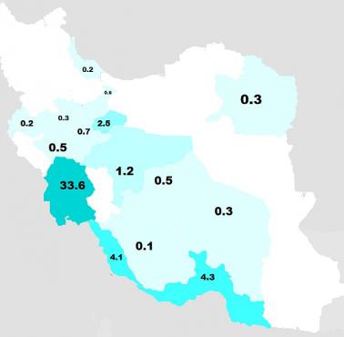 Procent Arabów w poszczególnych prowincjach Iranu