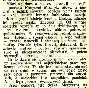 Poglądy prezydenta Czechosłowacji Masaryka na temat pracy kobiet, "Moja przyjaciółka", 1935