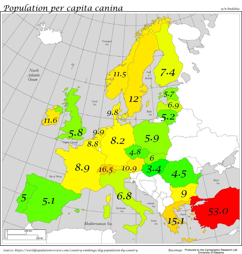 Liczba ludności przypadająca w Europie na jednego psa, 2025