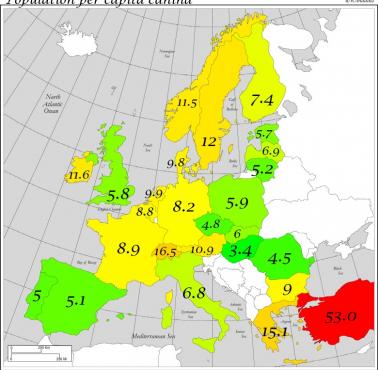 Liczba ludności przypadająca w Europie na jednego psa, 2025