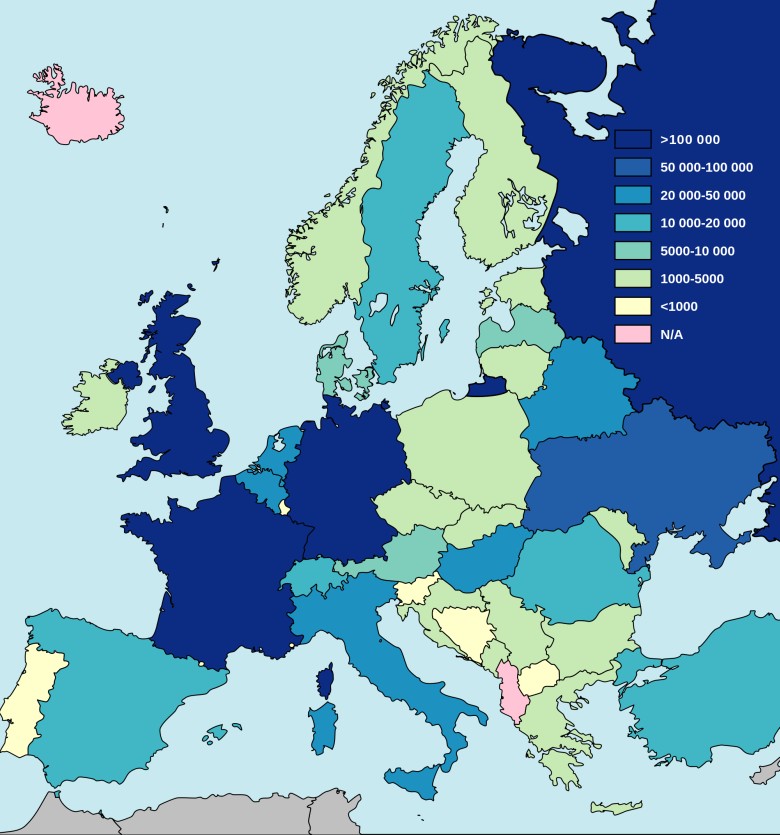 Populacja Żydów w krajach europejskich, 2005