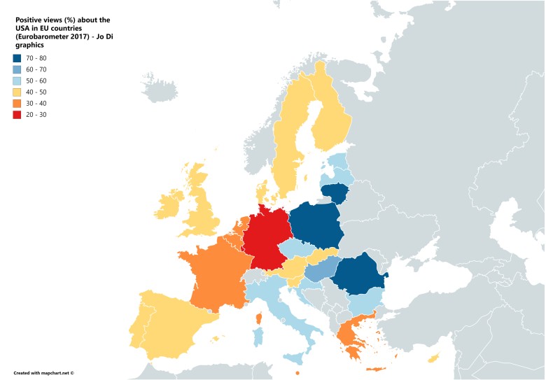 Pozytywne opinie USA w krajach UE, 2017