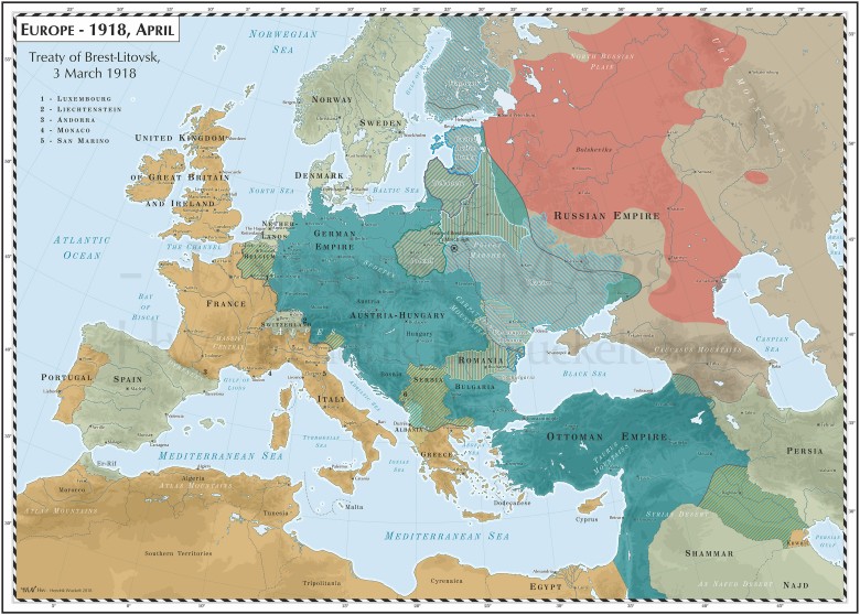 Granice powojennej Europy Wschodniej w wyniku podpisanego traktatu brzeskiego w 1918 roku (3 marca)