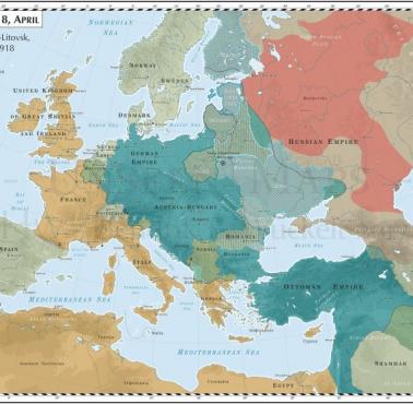 Granice powojennej Europy Wschodniej w wyniku podpisanego traktatu brzeskiego w 1918 roku (3 marca)